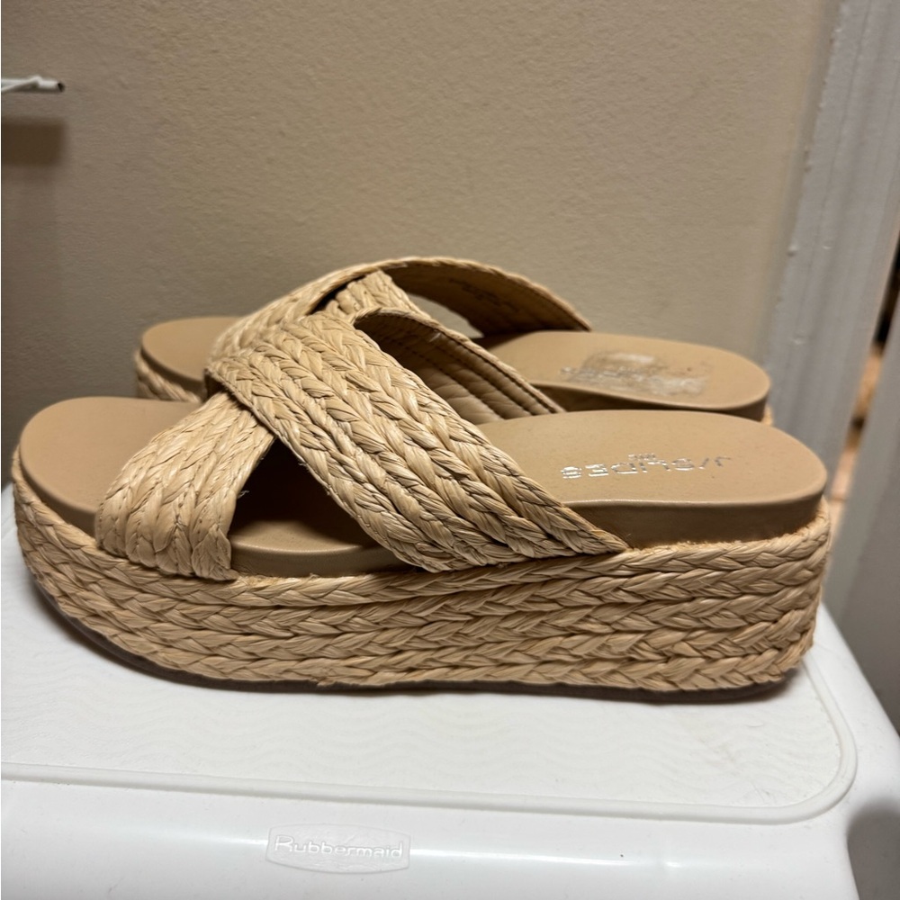 J Slides Tan Platform Sandals with Espadrille Design
